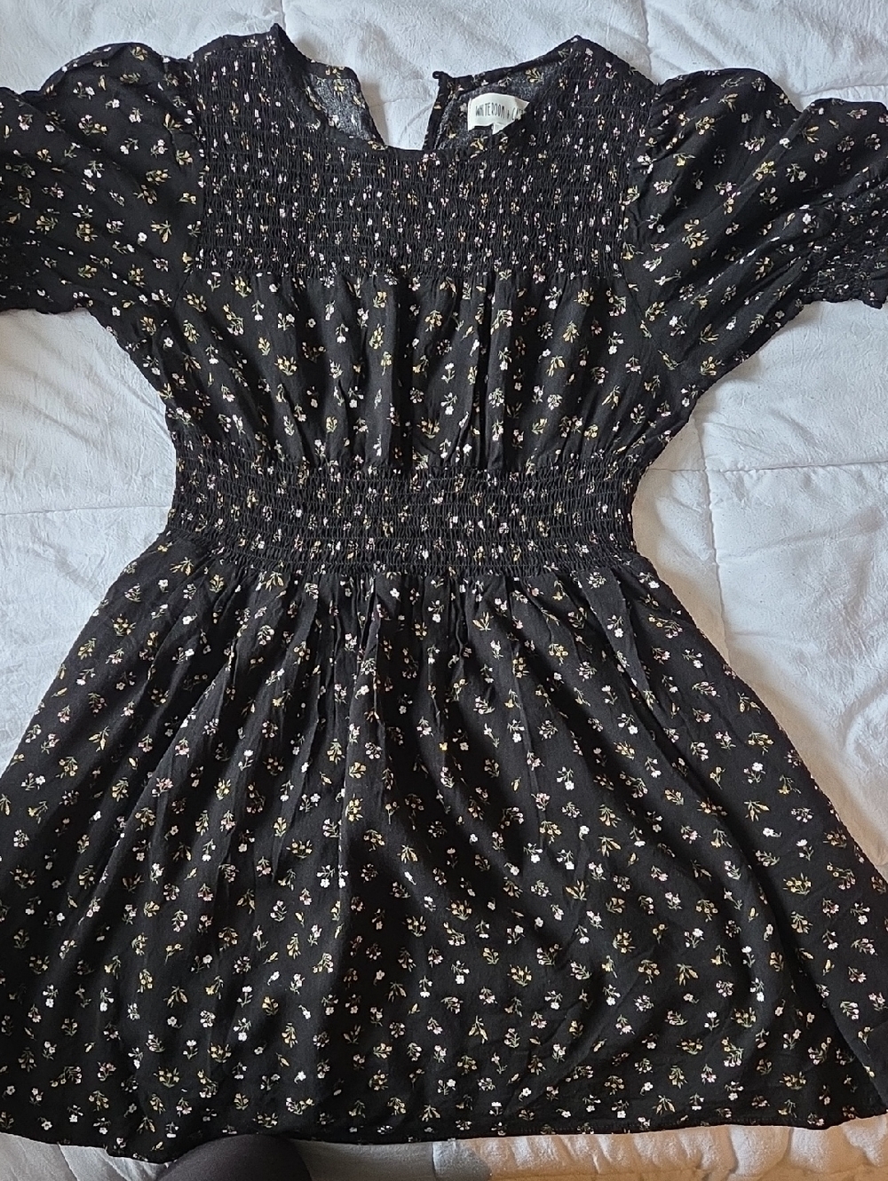 Smocked Waist Black Floral Dress